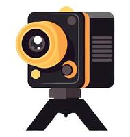 A camera with a yellow lens on top of a tripod vector