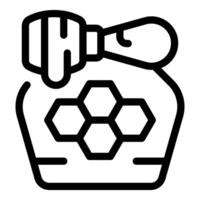 Honey jar with dipper dripping honeycomb pattern line icon vector