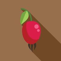 Red berry with leaf hanging down from branch flat design icon with long shadow vector