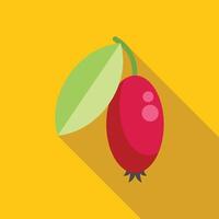 Ripe red dogwood berry hanging from branch with green leaf flat design icon vector