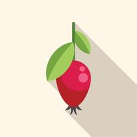 Ripe red rosehip hanging from branch with two green leaves flat design icon vector