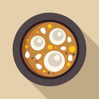 Round plate containing steaming hot bowl of soup with dumplings and vegetables vector