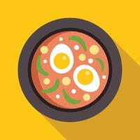 Delicious soup with vegetables and eggs on yellow background in flat design vector