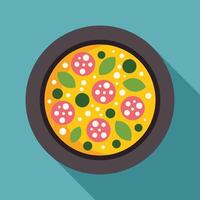 Delicious pizza with salami, cheese and basil being served on a round plate vector