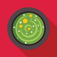 Green pea soup rotating in a bowl over red background vector