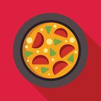 Tasty paella is served on a round plate with a long shadow vector