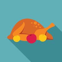 Delicious roasted chicken lying with apples, flat design illustration vector