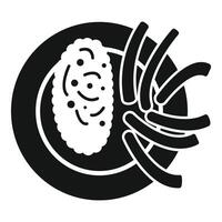 Black glyph style icon of a plate with octopus sushi and fried onions vector