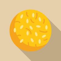 Round sesame bun lying on table, bakery product, flat design icon with long shadow vector