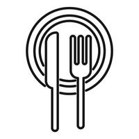 Fork and knife lying on a plate icon representing eating vector