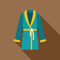 Blue bathrobe with yellow lapel and belt is hanging on brown background vector