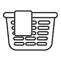 Plastic laundry basket with clothing hanging out icon, outline style vector