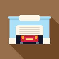 Red car parking inside garage with open roller door vector