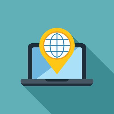 Laptop showing world globe with location pin icon