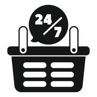Shopping basket with 24 7 sign showing open hours for ecommerce vector