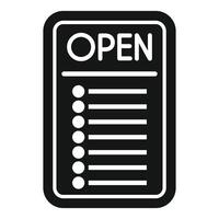 Open sign with menu black and white icon showing restaurant is open for business vector