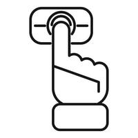 Hand pushing button on control panel, line icon vector