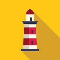 Red and white lighthouse casting long shadow on yellow background vector