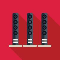 Three tall audio speakers casting long shadows on red background vector
