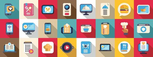 Recipe app icons set. Online cooking course, food blog and recipe website icons showing culinary expertise vector