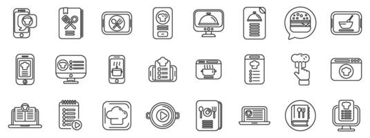 Recipe app icons set. Chefs sharing recipes and cooking tips using technology, a comprehensive icon set vector