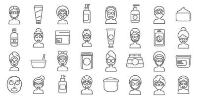 Face mask spa icons set. Women applying face masks and using beauty products for skin care routine line icon set vector