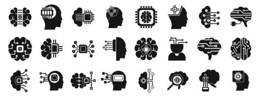 Brain implant icons set. Artificial intelligence icon set showing brain and microchip vector