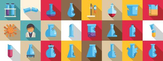 Broken laboratory glassware icons set. Scientist doing experiment in chemical laboratory using erlenmeyer flask icon set vector