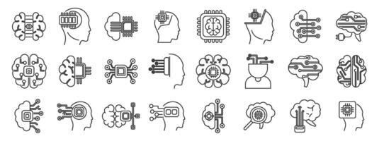 Brain implant icons set. Artificial intelligence icon set featuring human head silhouettes and circuit boards vector