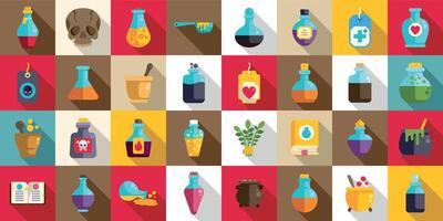 Magic elixir icons set. Collection of colorful potion bottles for alchemy and witchcraft vector