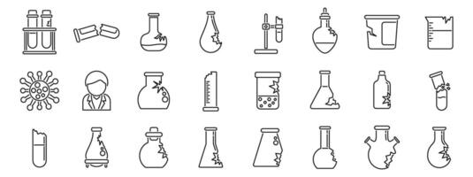 Broken laboratory glassware icons set. Scientist analyzing broken chemistry glassware icon set vector