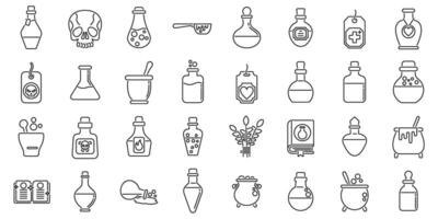 Magic elixir icons set. Collection of alchemy icons featuring different glassware and ingredients for brewing potions vector