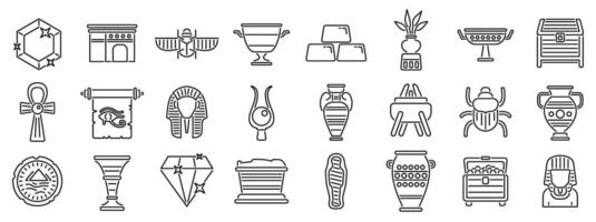 Pharaoh tomb icons set. Archaeologist discovering ancient egypt civilization artifacts vector