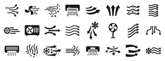 Cold air flow icons set. Ventilation system showing airflow, cooling, and conditioning vector