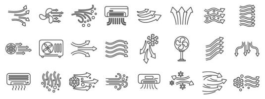 Cold air flow icons set. Airflow, air conditioning, and ventilation line icon set featuring fans and air conditioners vector