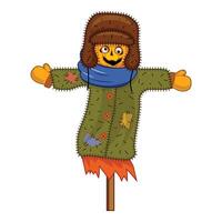 Friendly scarecrow wearing winter clothes smiling in the field vector