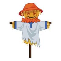 Funny scarecrow standing in the field wearing a hat vector