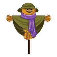Funny scarecrow with a hat and a purple scarf is protecting a field vector