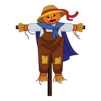 Funny halloween scarecrow wearing a hat and a cloak standing in a field vector
