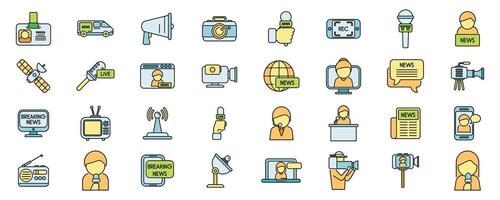 Journalists working with professional equipment set of outline icons vector