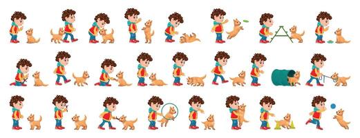 Dog training icons set. Little boy training his puppy dog in different actions set vector