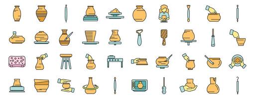 Potter working process with clay and pottery wheel icons set vector