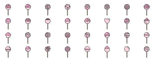 Set of different cake pops icons showing various toppings and decorations vector