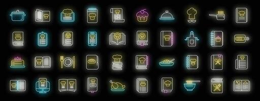 Cookbook icons set. Outline set of cookbook vector icons neon color on black
