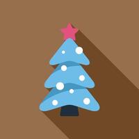 Blue christmas tree covered in snow with red star on top and long shadow vector