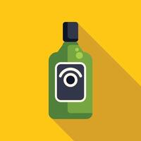 Green bottle containing mysterious potion with eye symbol casting long shadow on yellow background vector