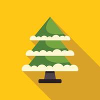 Green christmas tree covered with snow is standing on yellow background vector