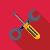 Screwdriver crossing wrench on red background with long shadow vector