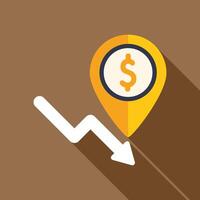 Dollar currency value going down with arrow and location pin vector
