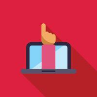 Hand pointing through laptop screen minimalist flat design vector